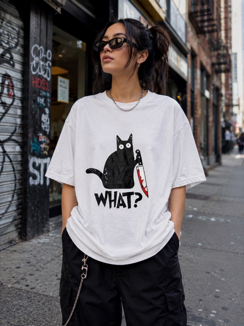 Black Cat What? Bloody Knife Graphic Funny Horror Goth Emo Kitty T-Shirt Sz M